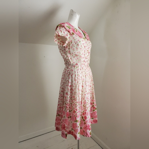 50s Vintage Nelly Don Pink & White Floral Tea Dress With Flat Collar - Picture 10 of 16